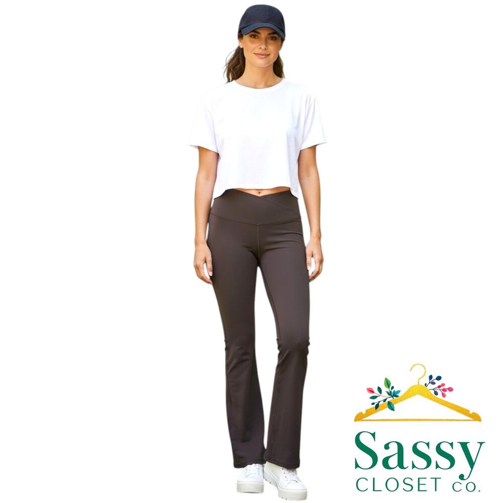 Yogalicious Lux Madison Flare Pant XS Dark Brown Tulip Overlapping Waistband